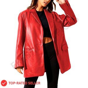 Oversized Faux Leather Blazer Jacket with Pockets, Button Down Lapel Coat